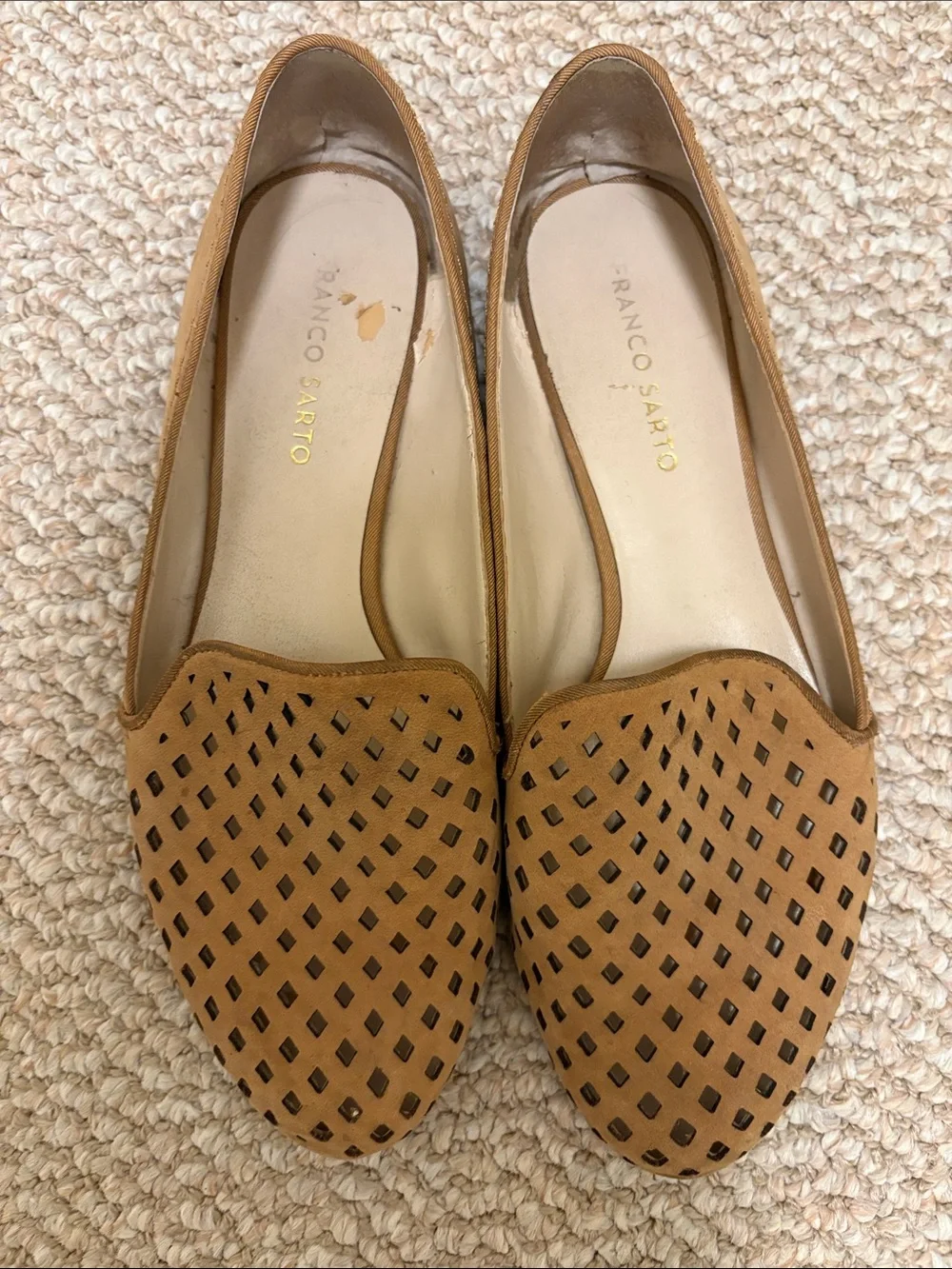 Franco Sarto Tan Perforated Pointed-Toe Leather Flats Women’s 9